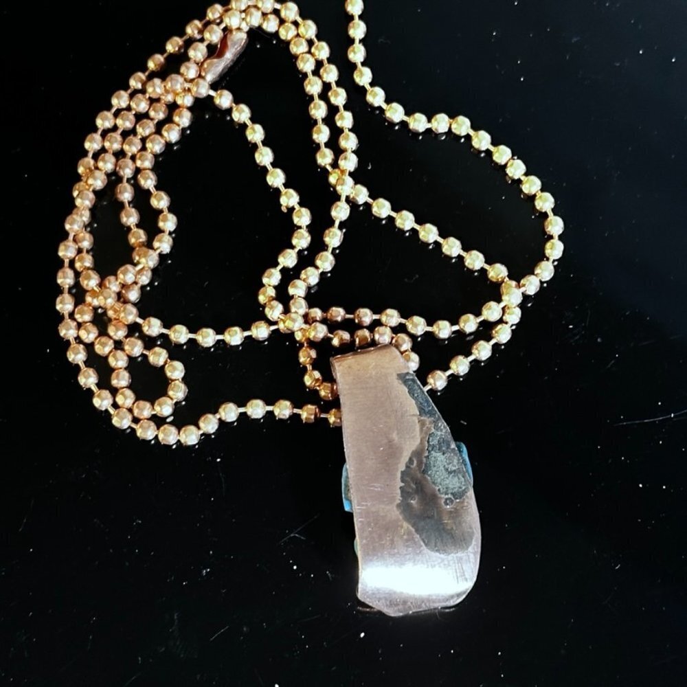 Kingman Turquoise Copper Pendant Necklace Brutalist Handmade NWT Gift Inlaid - Picture 7 of 7